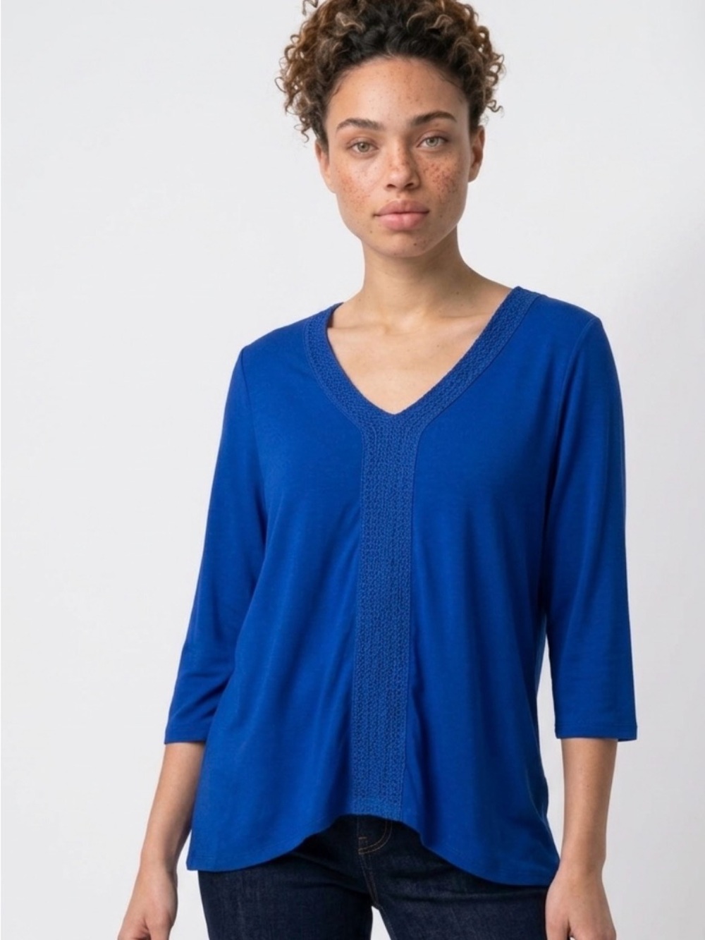 V-Neck Three-Quarter Sleeve Top in Royal Blue